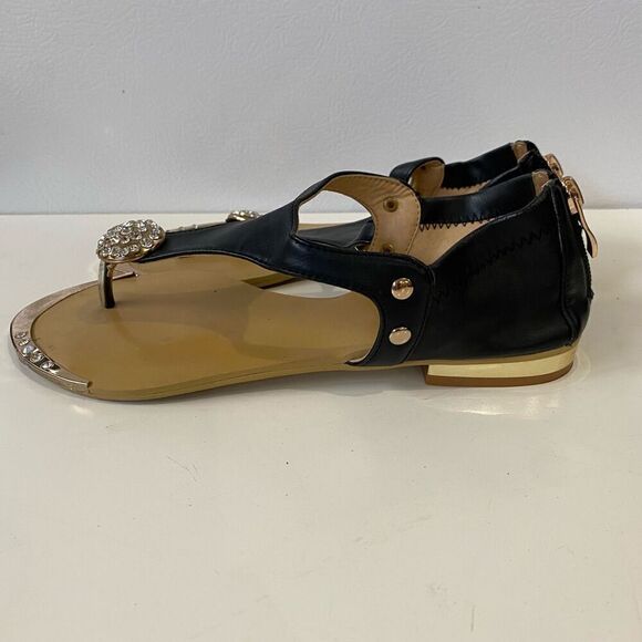 GC Shoes Black Jeweled Sandals Gold Zippered Back size 6.5 Euro 37 - Picture 2 of 11